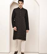 Men's straight black viscose silk embroidery kurta full sleeve