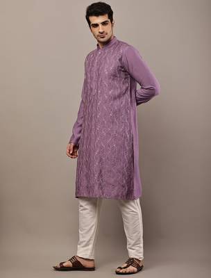 Men's straight lavender viscose silk embroidery kurta full sleeve 3