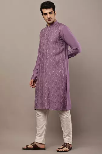 Men's straight lavender viscose silk embroidery kurta full sleeve