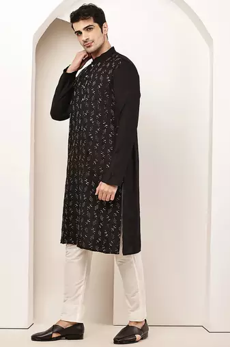 Men's straight black viscose silk embroidery kurta full sleeve