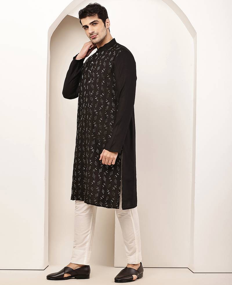 Men's straight black viscose silk embroidery kurta full sleeve
