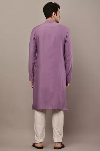 Men's straight lavender viscose silk embroidery kurta full sleeve