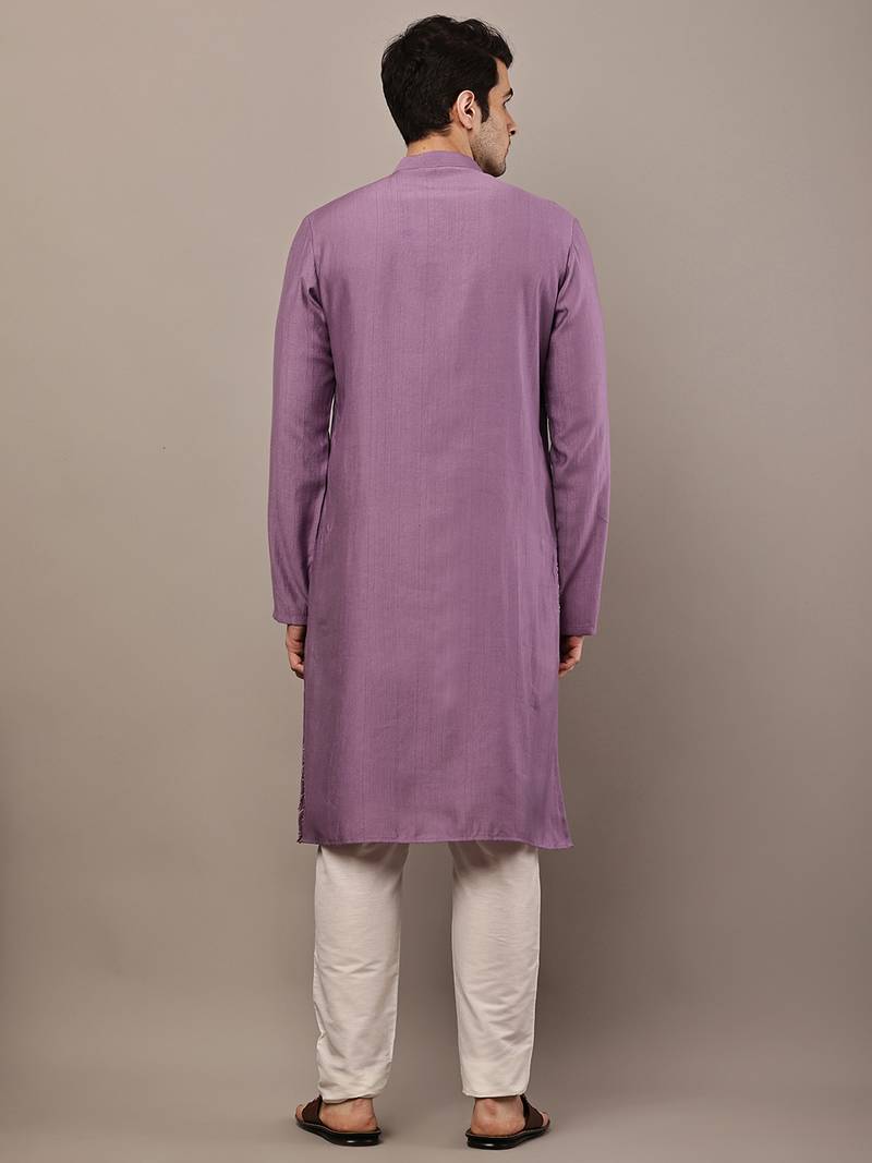 Men's straight lavender viscose silk embroidery kurta full sleeve