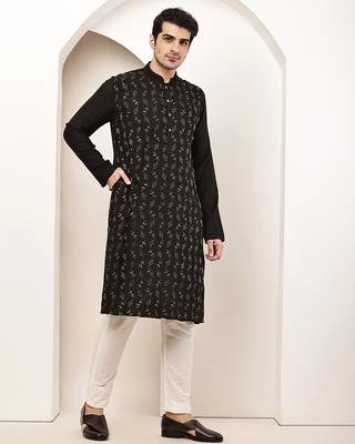 Men's straight black viscose silk embroidery kurta full sleeve 3