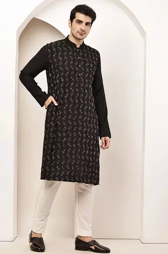 Men's straight black viscose silk embroidery kurta full sleeve