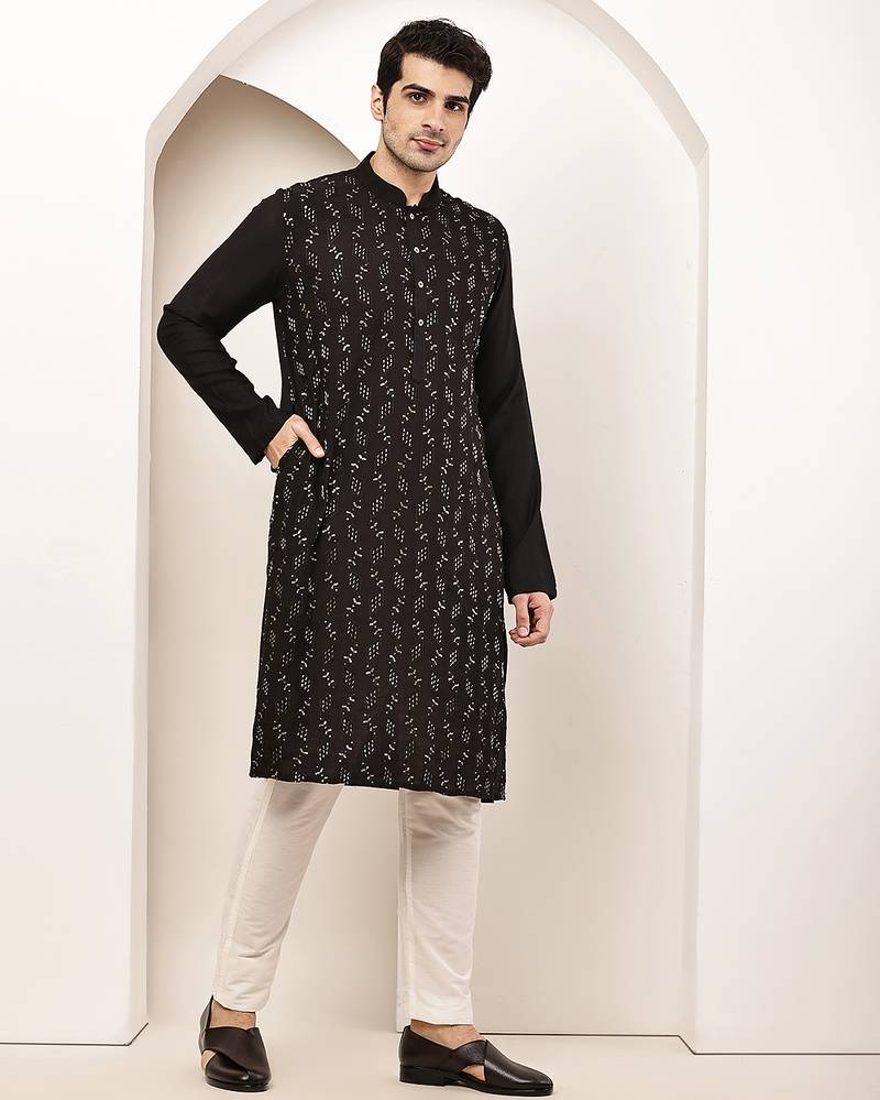 Men's straight black viscose silk embroidery kurta full sleeve