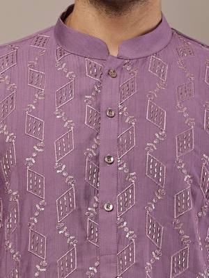 Men's straight lavender viscose silk embroidery kurta full sleeve 5