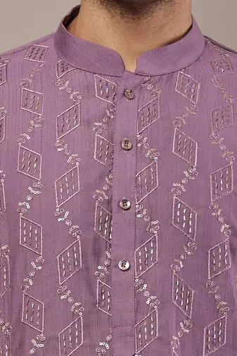 Men's straight lavender viscose silk embroidery kurta full sleeve