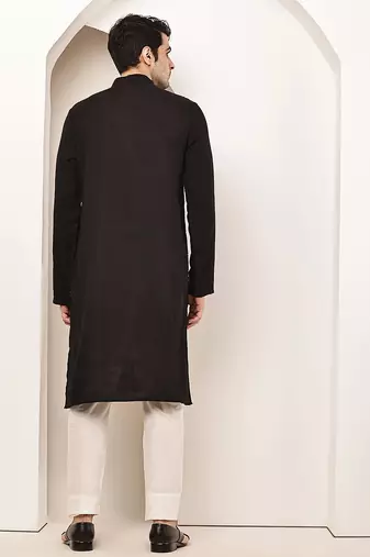 Men's straight black viscose silk embroidery kurta full sleeve