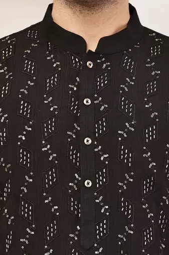 Men's straight black viscose silk embroidery kurta full sleeve