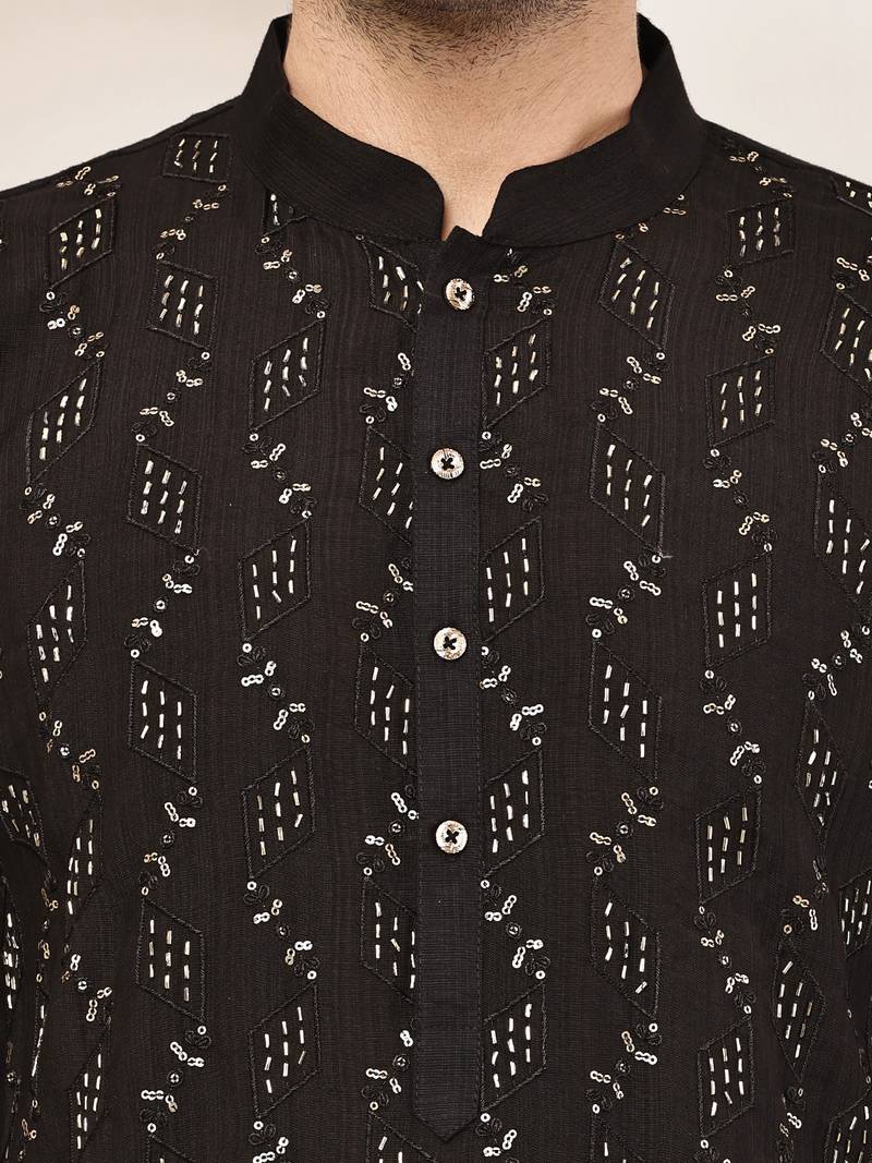 Men's straight black viscose silk embroidery kurta full sleeve
