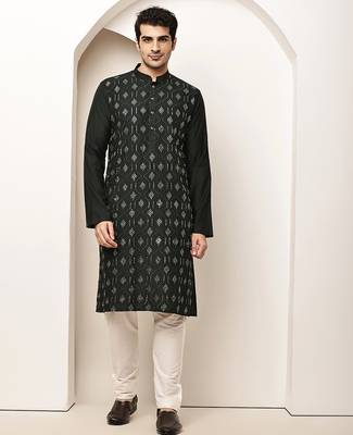Men's straight green viscose silk embroidery kurta full sleeve 1