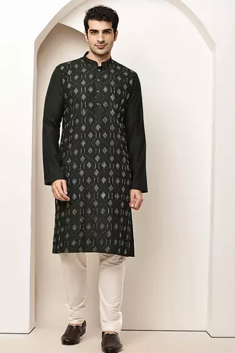 Men's straight green viscose silk embroidery kurta full sleeve