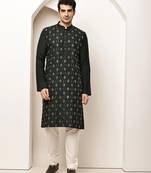 Men's straight green viscose silk embroidery kurta full sleeve