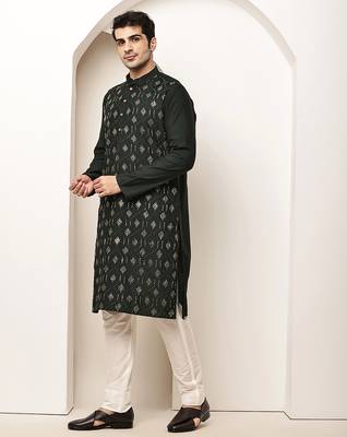 Men's straight green viscose silk embroidery kurta full sleeve 2