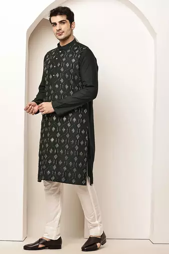 Men's straight green viscose silk embroidery kurta full sleeve