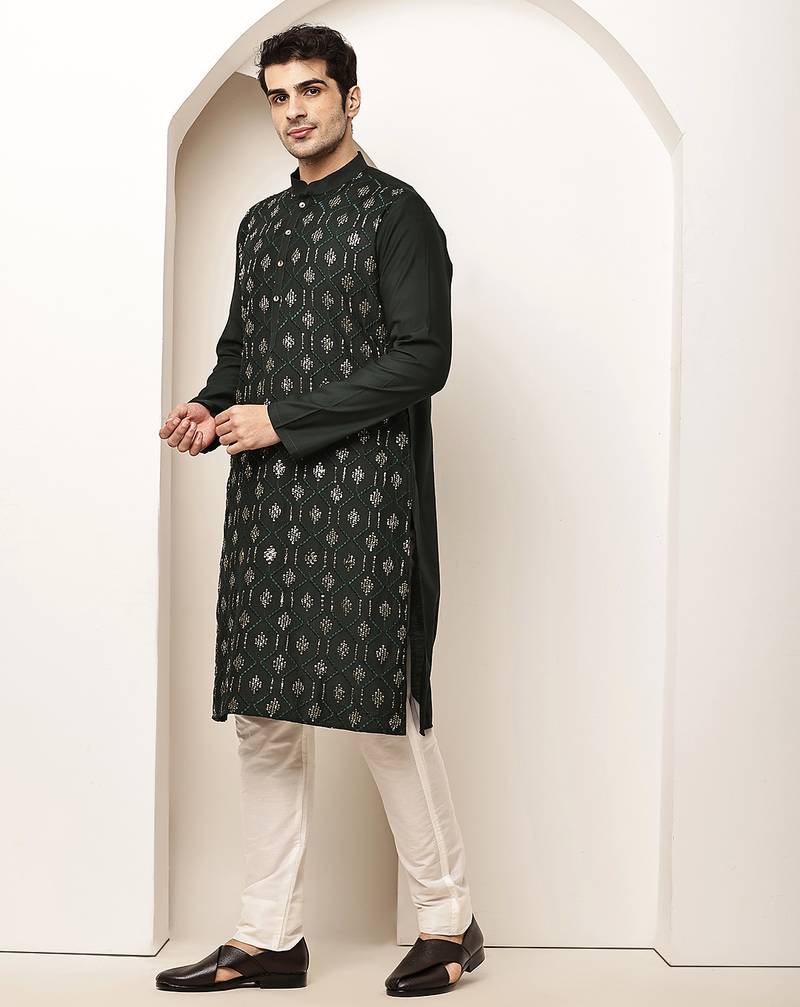 Men's straight green viscose silk embroidery kurta full sleeve