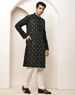 Men's straight green viscose silk embroidery kurta full sleeve 3