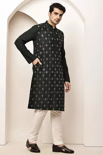 Men's straight green viscose silk embroidery kurta full sleeve
