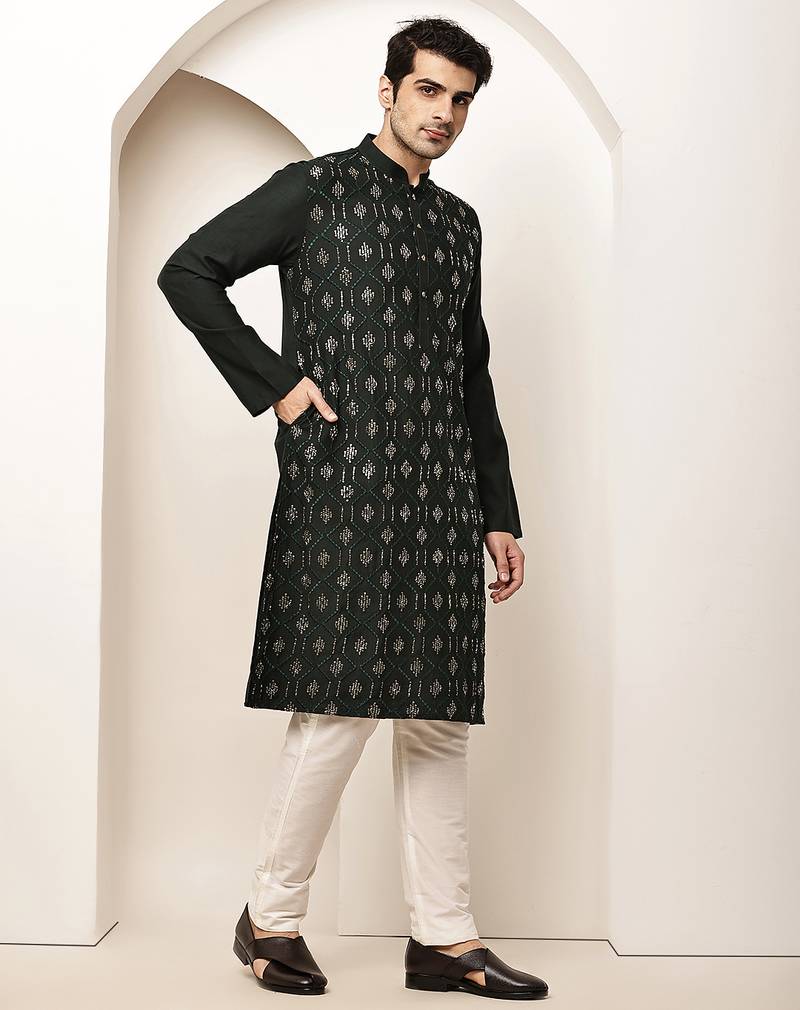 Men's straight green viscose silk embroidery kurta full sleeve