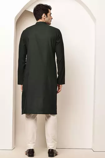 Men's straight green viscose silk embroidery kurta full sleeve