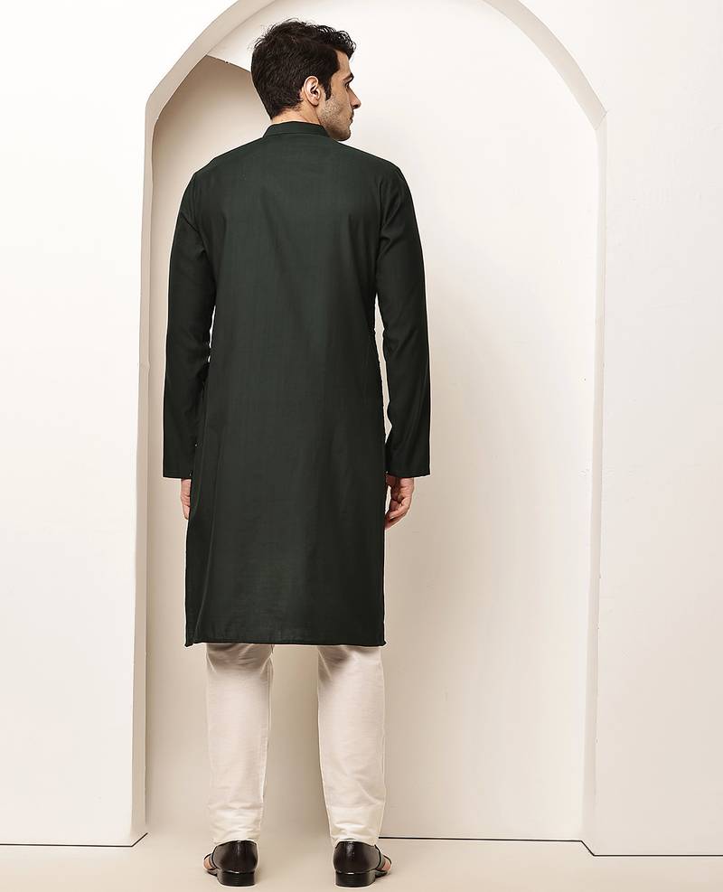 Men's straight green viscose silk embroidery kurta full sleeve