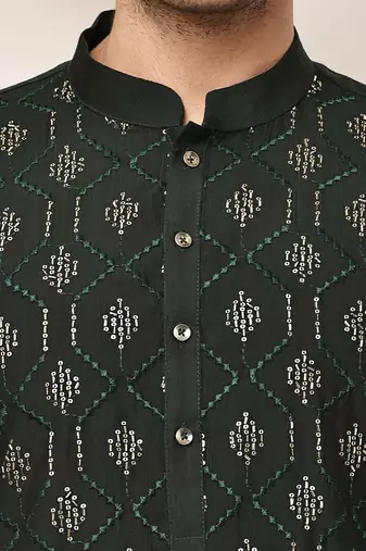 Men's straight green viscose silk embroidery kurta full sleeve