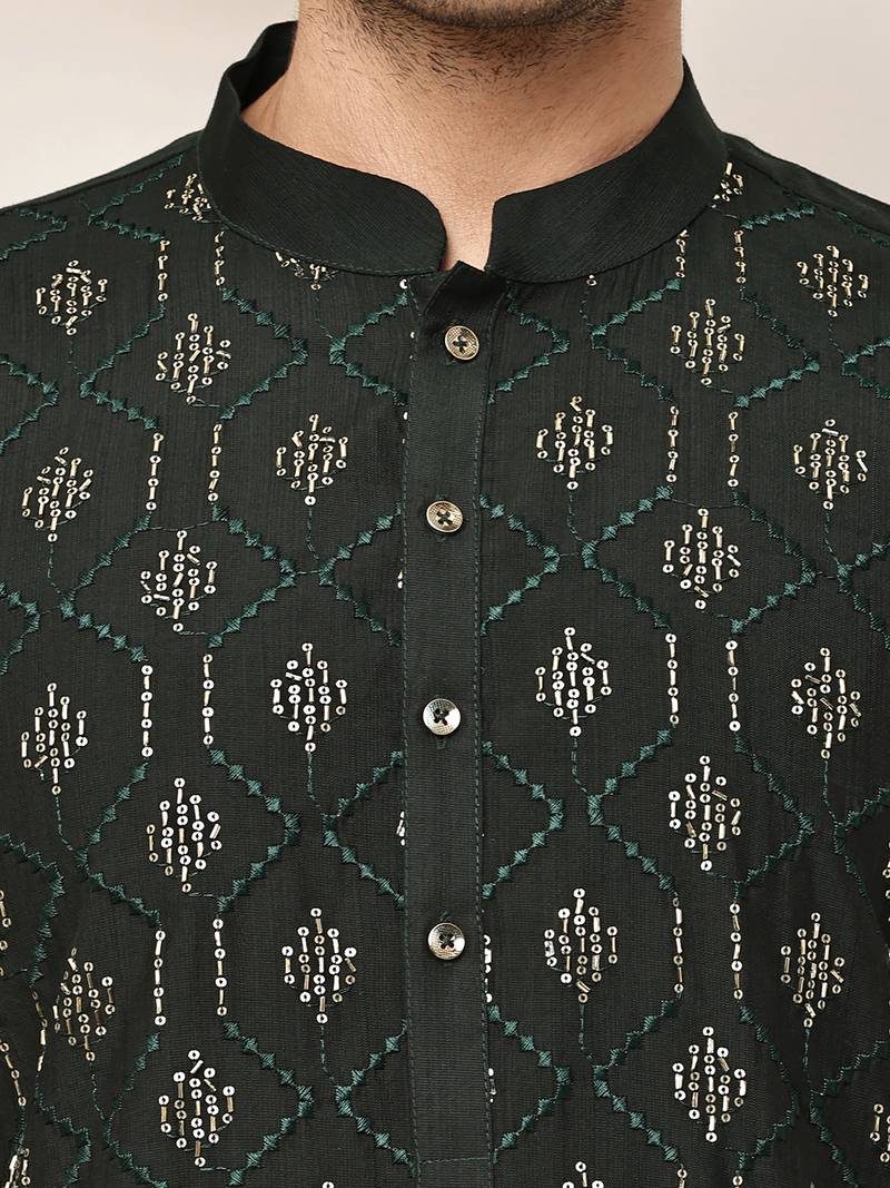 Men's straight green viscose silk embroidery kurta full sleeve