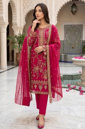 rani pink silk embroidered sequin - salwar suit