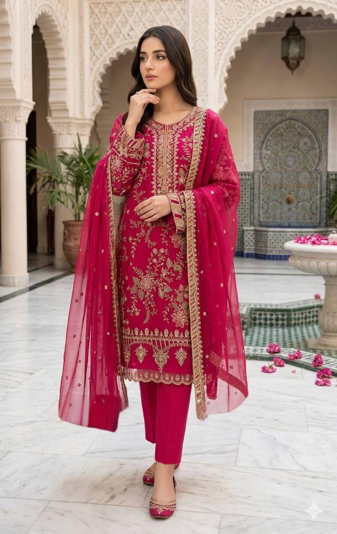 rani pink silk embroidered sequin - salwar suit