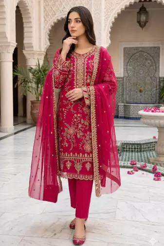 rani pink silk embroidered sequin - salwar suit