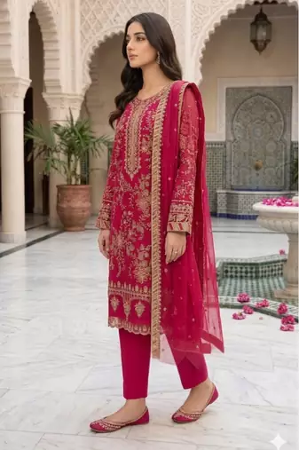 Rani-Pink Silk Semi Stitched Suit With Embroidery & Sequin Work