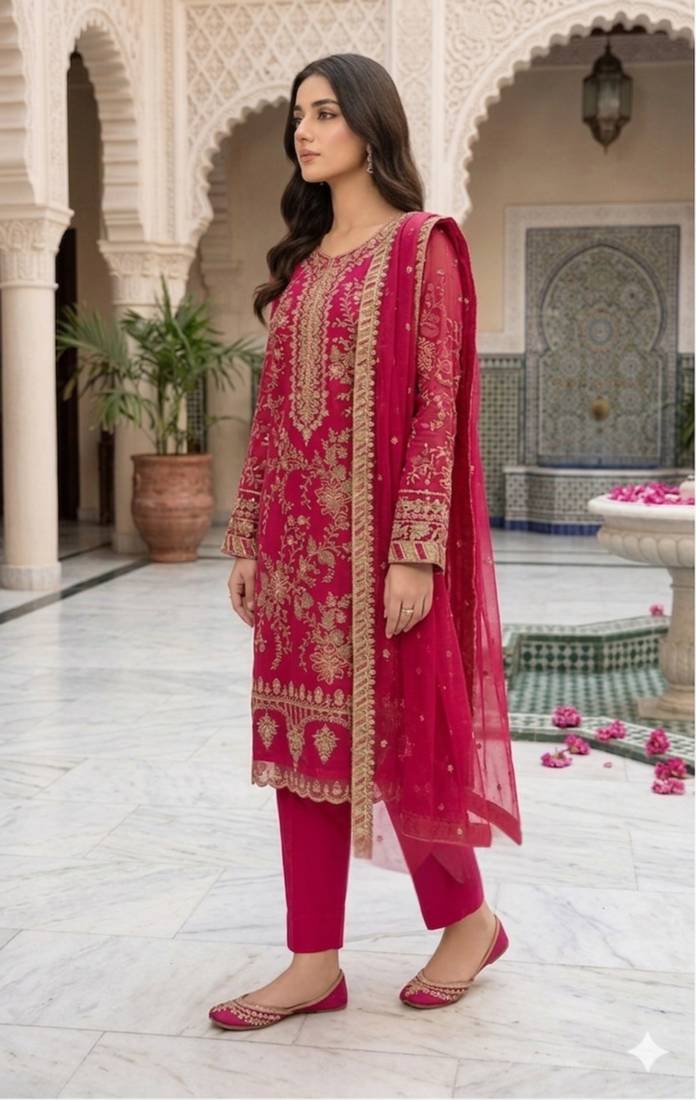 rani pink silk embroidered sequin - salwar suit