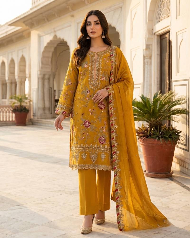 yellow silk embroidered sequin - salwar suit