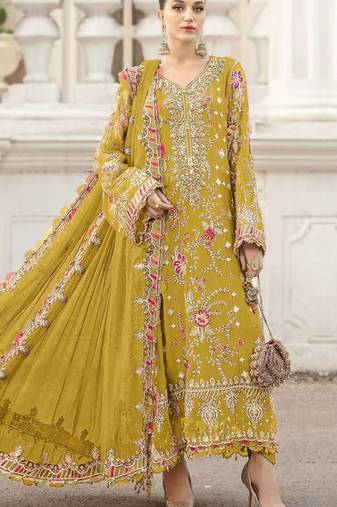 yellow silk embroidered sequin semi-stitched salwar suit