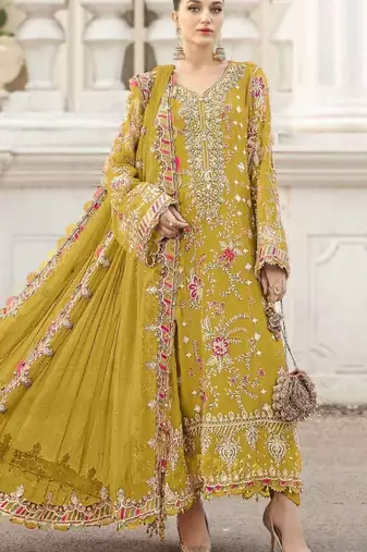 yellow silk embroidered sequin semi-stitched salwar suit