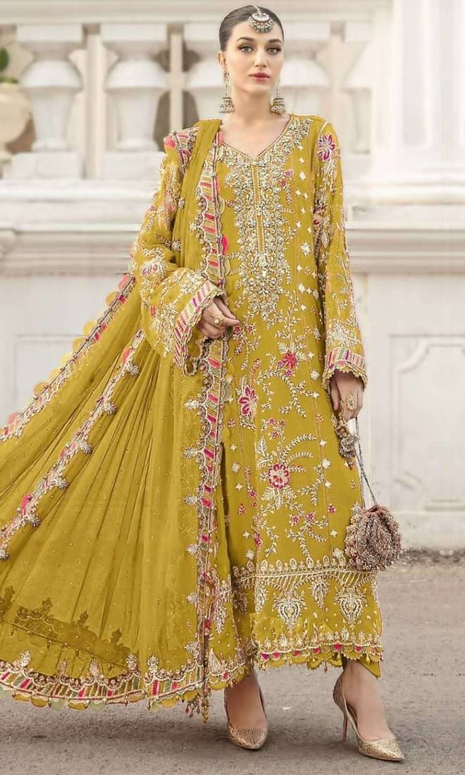 yellow silk suit with embroidery & sequin work