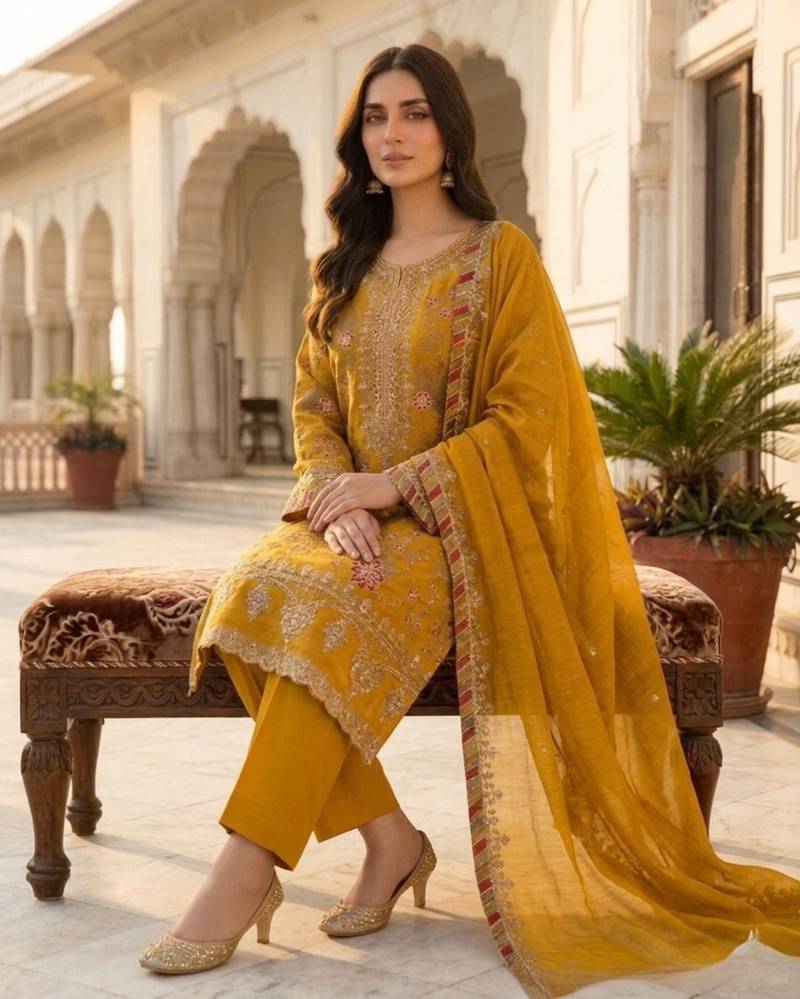 yellow silk embroidered sequin - salwar suit