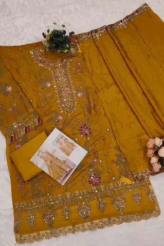 yellow silk embroidered sequin - salwar suit
