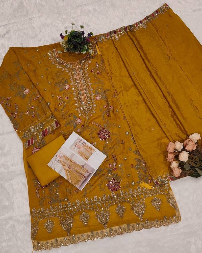 yellow silk embroidered sequin - salwar suit