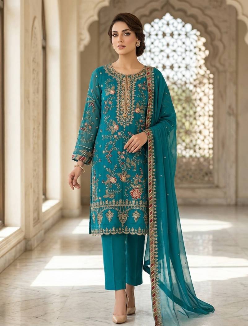 turquoise silk embroidered sequin - salwar suit