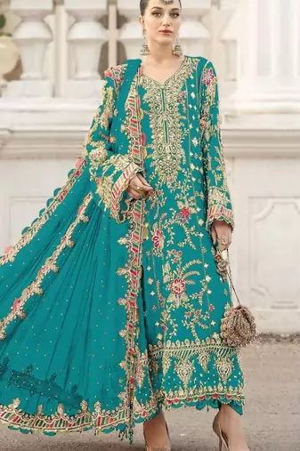 turquoise silk embroidered sequin semi-stitched salwar suit