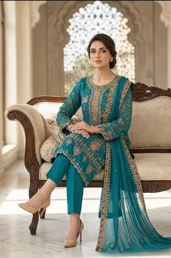turquoise silk embroidered sequin - salwar suit
