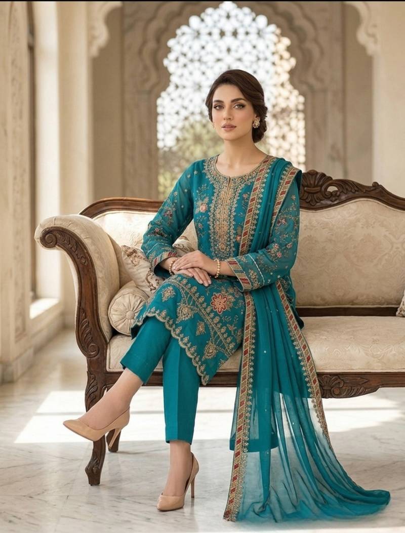 turquoise silk embroidered sequin - salwar suit