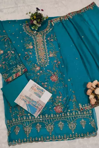 turquoise silk embroidered sequin - salwar suit