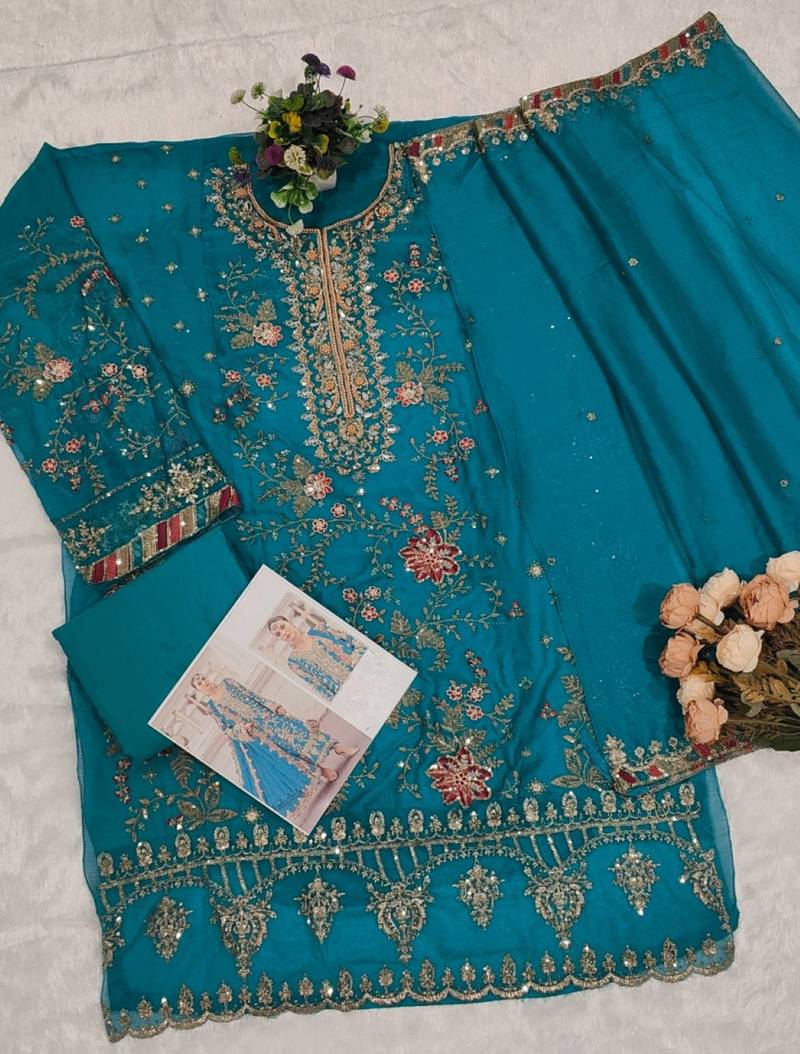 turquoise silk embroidered sequin - salwar suit