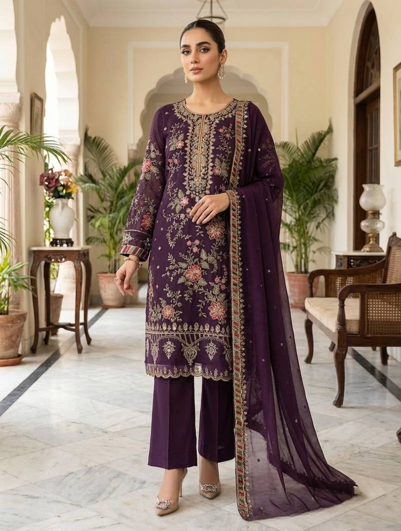 purple silk embroidered sequin - salwar suit