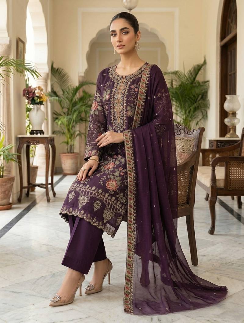 purple silk embroidered sequin - salwar suit