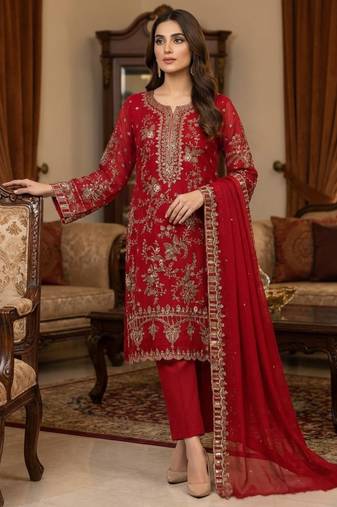 red silk embroidered sequin - salwar suit