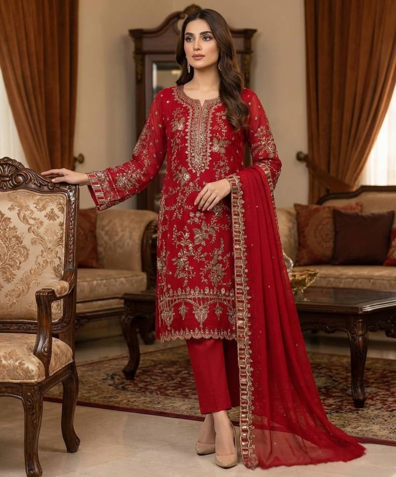 red silk embroidered sequin - salwar suit
